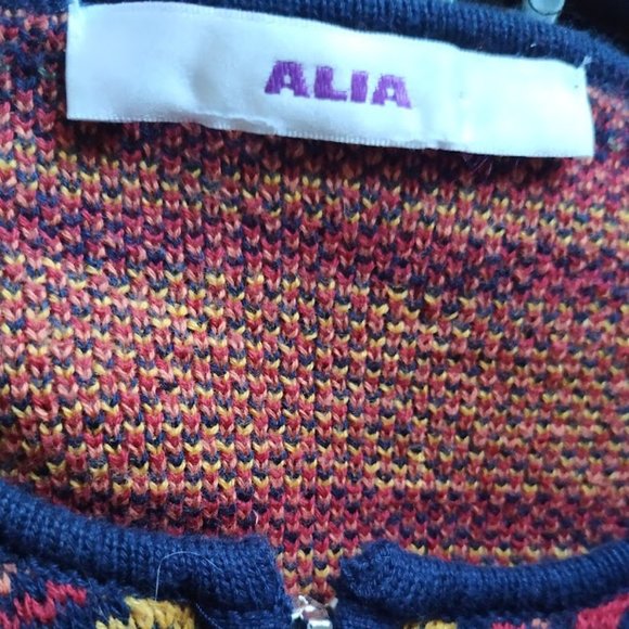 L Alia Vintage knit Aztec geometric print zipper cardigan navy blue - Picture 7 of 9